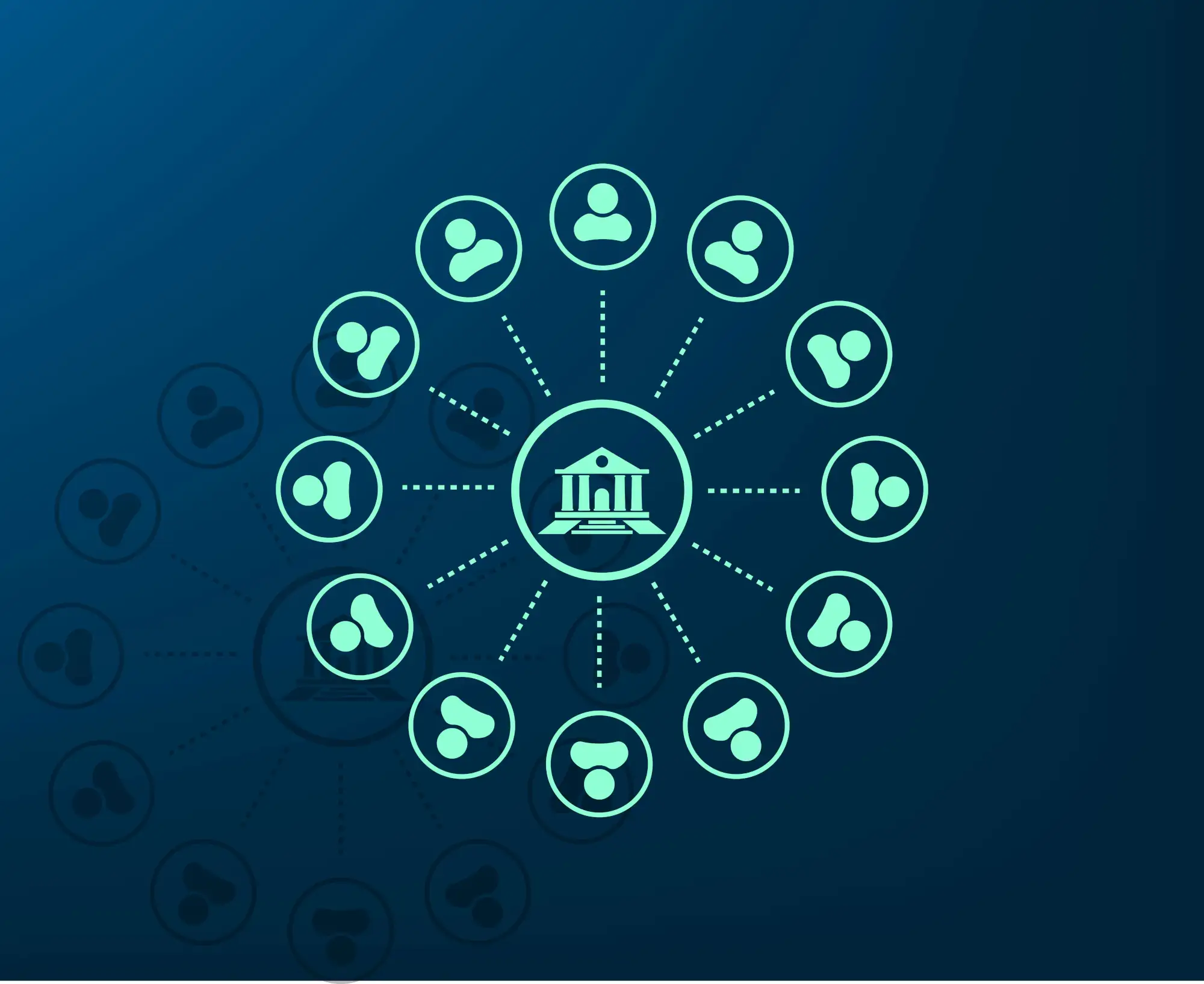 A graphic with a bank icon in the center linking out to a circle of icons representing people in the community.